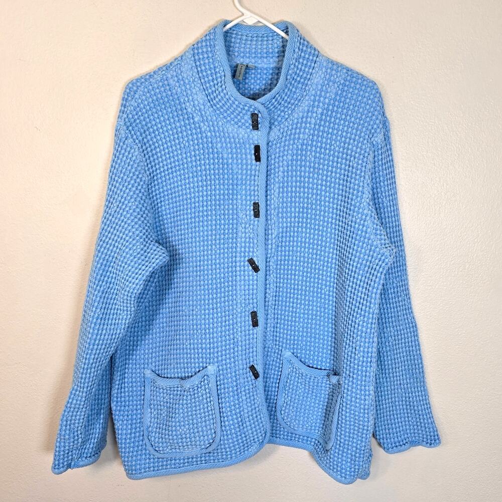 Focus Waffle Weave Top Women's L Blue Button Up Lagenlook Lagom Artsy Boho Chic